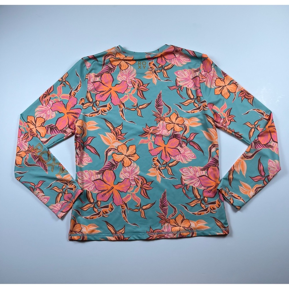 Roxy Womens Long Sleeve Rash Guard Teal Orange Pink Hibiscus Floral Swim Top M - Picture 7 of 12